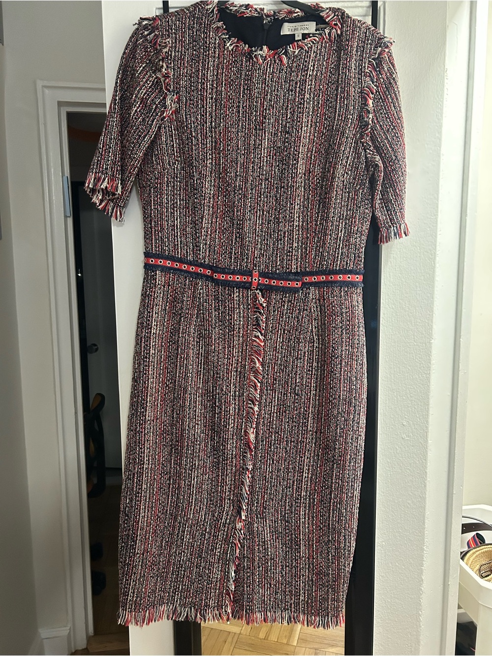 Teri Jon. Tweed Fringe Sheath Dress in Red and Navy.